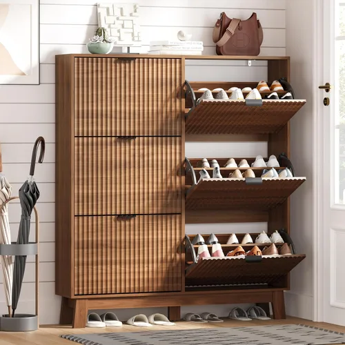 Miniatura 38 de HUANLEGO Zapatero de almacenamiento para entrada con 6 cajones abatibles, organizador de zapatos estrecho acanalado con patas de madera, zapatero