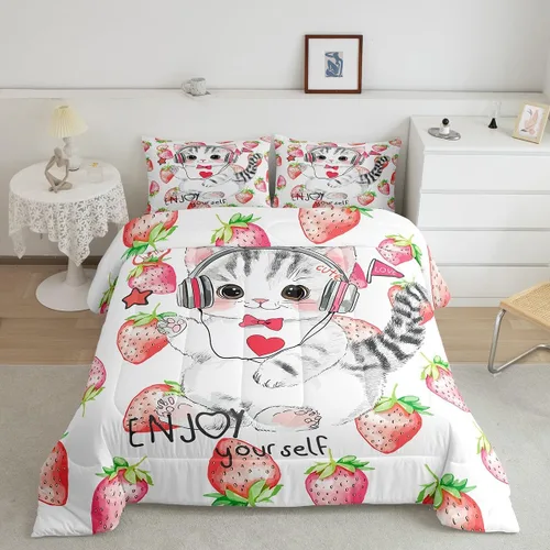 Miniatura 2 de Erosebridal Lindo juego de edredón de gato, tamaño individual, kawaii, fresa, juego de ropa de cama para niñas, diseño de arco iris, edredón rosa