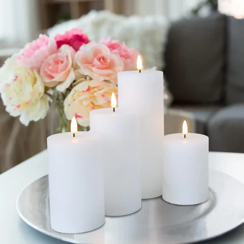 Miniatura 7 de Velas de pilar sin llama acanaladas blancas con control remoto, juego de 4 velas LED parpadeantes con parte superior plana, 3 pulgadas de alto, 4