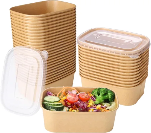 Miniatura 11 de 50 juegos de tazones de papel kraft desechables de 17 oz con tapas, recipientes de papel para alimentos rectangulares con tapas, ensaladeras