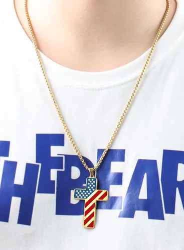 Miniatura 4 de REGIS Collar de cruz de bandera estadounidense para hombres y niños, cadena de acero inoxidable de 24 pulgadas, versículo bíblico con colgante