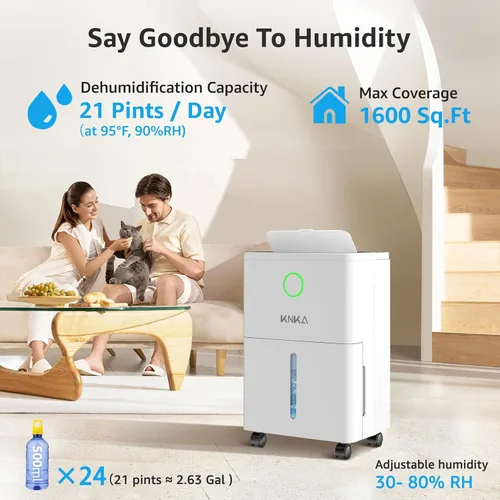 Miniatura 2 de KNKA 1600 sq.ft Dehumidifiers for Basement, 21 Pint Dehumidifiers for Home with Drain Hose, Continuous Drainage, Washable Filter, Intelligent