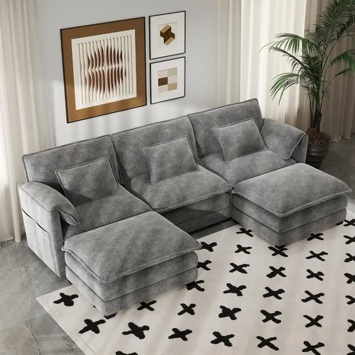 Miniatura 8 de Real Relax 145'' Sofá seccional modular, sofá convertible de 4 plazas con chenilla, 8 almohadas y 2 reposabrazos para sala de estar, oficina
