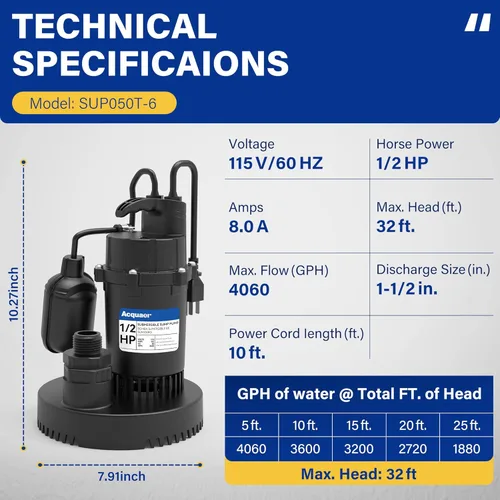 Miniatura 2 de Acquaer Bomba de sumidero de 1/2 HP, bomba sumergible de agua limpia/sucia de 4060 GPH con interruptor de flotador ajustable para piscina de jardín