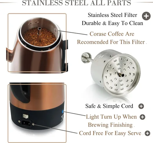 Miniatura 2 de Precolador de café eléctrico Moss & Stone - Cuerpo con tapas de acero inoxidable, cafetera, olla eléctrica, capacidad de 10 tazas