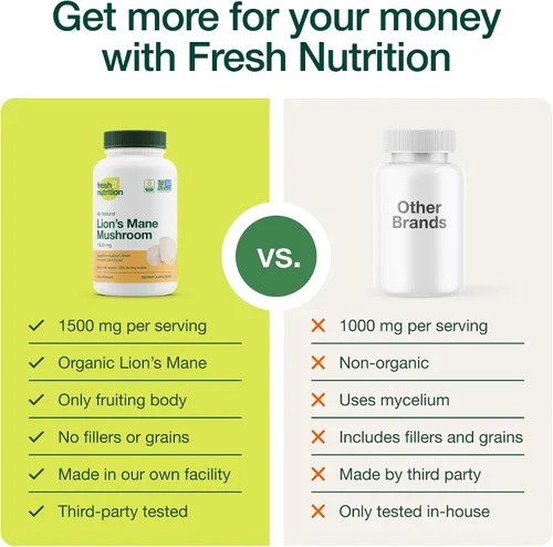 Miniatura 4 de Fresh Nutrition Cápsulas orgánicas de hongos melena de leones - Fórmula verificada de ADN más fuerte - Ricas en alfa glucano - Potente suplemento