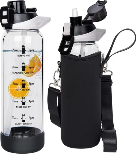 Miniatura 11 de Botella de agua deportiva de vidrio de 32 onzas con popote y marcador de tiempo, botella de vidrio motivacional reutilizable grande para agua Rosa