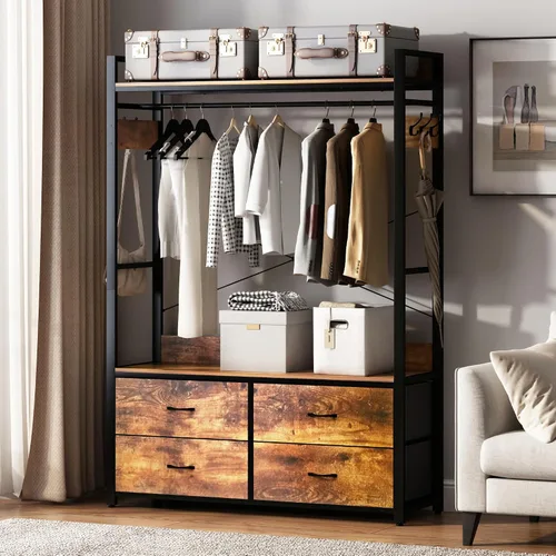 Miniatura 2 de Perchero para ropa con cajones, perchero para ropa con estantes y varilla para colgar, perchero de ropa industrial con almacenamiento para bolsas