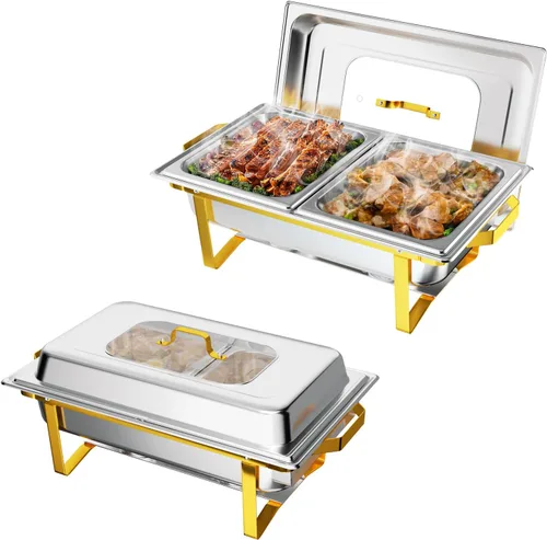 Miniatura 10 de ROVSUN Platos dorados para bufé, juego de bufé de 9 cuartos con tapa de vidrio, servidores y calentadores de bufé de acero inoxidable con marco