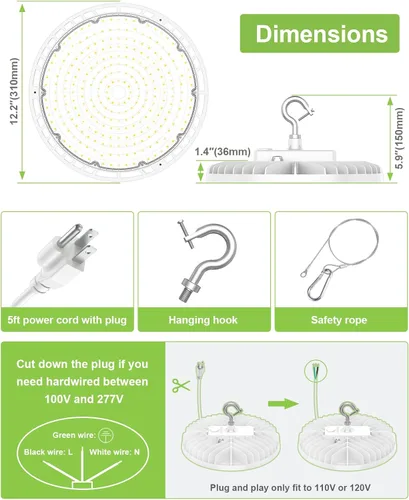 Miniatura 5 de KUKUPPO Luz LED de alta bahía de 150 W, 120 W, 90 W, ajustable, 4500 K, 5000 K, 5700 K, luz LED de alta bahía con enchufe para almacén de fábrica
