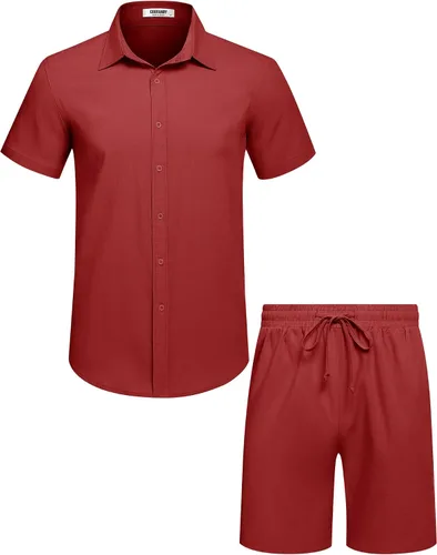 Miniatura 12 de COOFANDY Conjunto de 2 piezas de algodón y lino para hombre, camisas de manga corta con botones, pantalones cortos de playa de verano, trajes