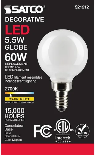 Miniatura 4 de Satco Bombilla LED E12 de 5.5 W, 2700 K, clasificación de 15000 horas, regulable
