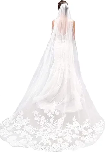 Dreamyn Novia de encaje velo de novia 1 nivel 118 pulgadas blanco largo catedral longitud Veli novia tul accesorios para el pelo con peine mental