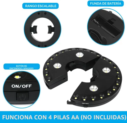 Miniatura 7 de Parasol de sombrilla para patio, luces 3 en modo brillo e inalámbrico, 28 luces LED en 220 Lux. 4 x AA baterías de función, sombrilla con pértiga
