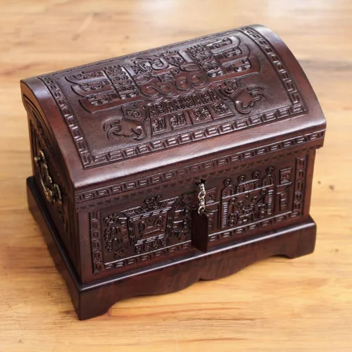 Miniatura 12 de NOVICA Caja de joyería de madera y cuero labrado Mohena con temática colonial, legado colonial