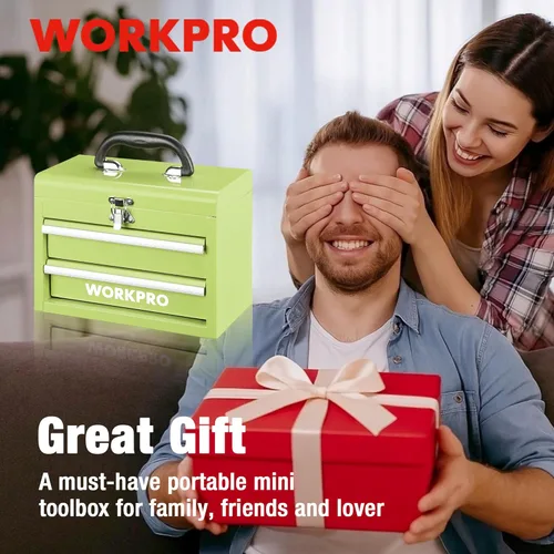Miniatura 8 de WORKPRO Mini caja de herramientas portátil, 2 cajones de metal con rodamientos de bolas, almacenamiento superior con pestillo, mango de transporte