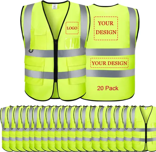 Chaleco de seguridad con logotipo personalizado, personalizable, visibilidad clase 2, chalecos reflectantes a granel con bolsillos y cremallera