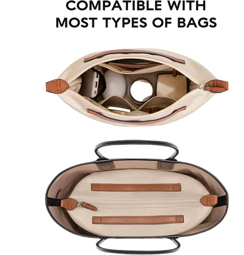 Miniatura 4 de Organizador de bolso con cremallera (32, beige) Organizador grande de bolsas de mano, múltiples bolsillos en posición de taza y paraguas, divisores