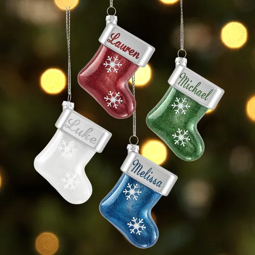 Miniatura 2 de Let's Make Memories Adorno de Navidad personalizado, cristal con forma de calcetín con purpurina, nombre grabado con láser, tono de joya, adorno