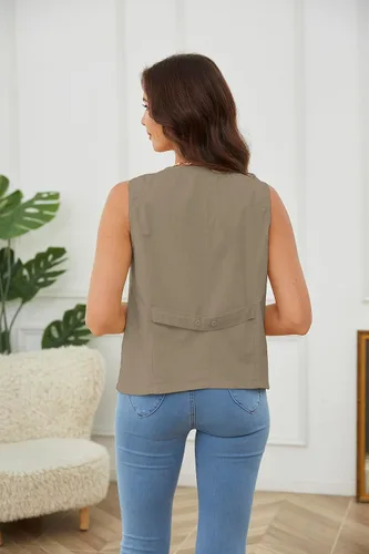 Miniatura 4 de YWS - Chalecos de moda para mujer, casual, sin mangas, con cuello en V, chaleco de lino y algodón