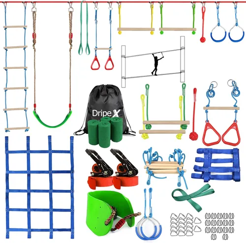 Miniatura 10 de Dripex - Carrera de obstáculos ninja warrior de 50 pies para niño con accesorios completos, columpio, trapecio, escalera de cuerda, red