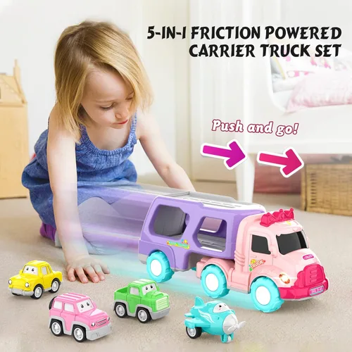 Miniatura 8 de LASCOTON - Juguetes para niñas de 1, 2 y 3 años, camión transportador 5 en 1 para niñas pequeñas, autos de juguete alimentados por fricción