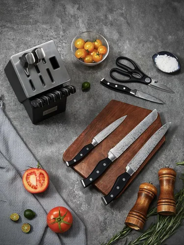 Miniatura 9 de FOHERE - Juego de 14 cuchillos autoafilables, juego de cuchillos de acero inoxidable de alto carbono con patrón ondulado con bloque, cuchillos