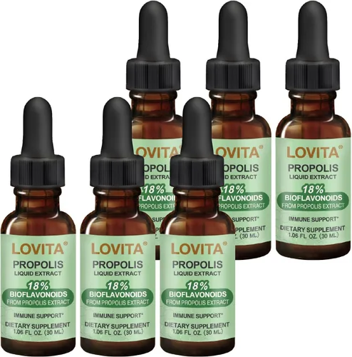 LOVITA Paquete económico de 6 botellas, extracto líquido de propóleo de abeja de 500 mg, gotas de resina 5:1 con 18% de bioflavonoides, antioxidante