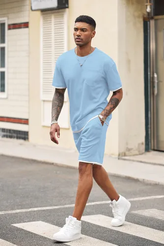 Miniatura 77 de COOFANDY Conjunto de camisa y pantalones cortos de gofre para hombre, conjunto de 2 piezas, conjunto casual de verano con bolsillos
