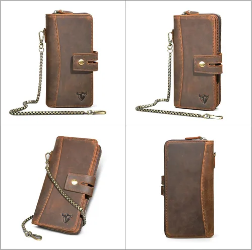 Miniatura 3 de Handadsume Genuino caballo loco cuero viaje regalo moneda bolsillo tarjeta caso largo organizador cadena Rfid monedero con broche para hombres