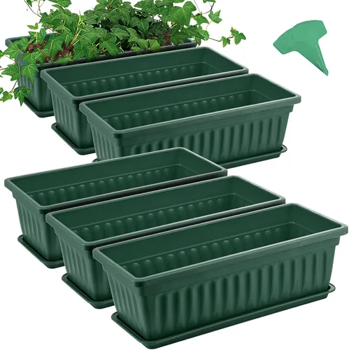 Miniatura 9 de GROWNEER Paquete de 3 jardineras verdes de 17 pulgadas para ventana, macetas largas de plástico para vegetales con 15 etiquetas de plantas