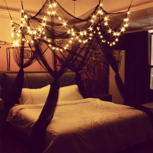 Miniatura 8 de Comtelek Dosel de Cama de 8 Esquinas con 100 Luces LED de Cadena de Estrellas Operadas por Batería, Red de Cama Estilo Único de 4 Puertas Cortinas