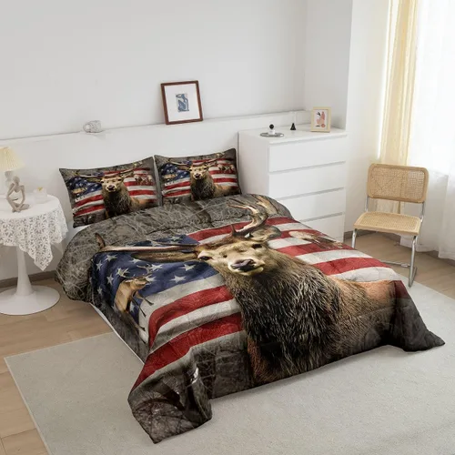 Miniatura 6 de Juego de edredón de ciervo con bandera americana tamaño Queen, edredones con temática de animales salvajes y árboles color marrón para niños