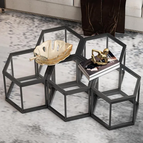 Miniatura 5 de Mesa de centro moderna de cristal, mesa de centro de cristal combinada, sin hexágonos, mesas auxiliares pequeñas con marco de metal para sala