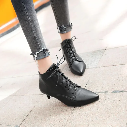 Miniatura 3 de SEIFIN Botines con cordones para mujer, tacón bajo y medio, con cremallera lateral, botines cortos con puntera puntiaguda