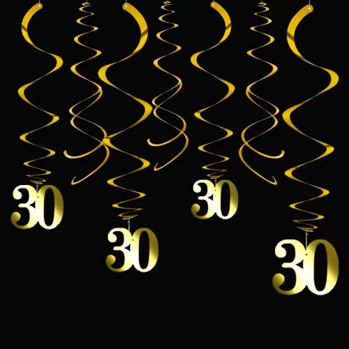 Miniatura 6 de Decoraciones de remolinos de fiesta negros y dorados, decoraciones de remolinos colgantes de techo, decoraciones de remolinos, paquete de 20