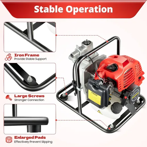 Miniatura 4 de Bomba de agua de gasolina, 43CC 2HP 7000rmp Bomba de agua industrial de 2 tiempos de gasolina refrigerada por aire, bomba de alta presión para riego