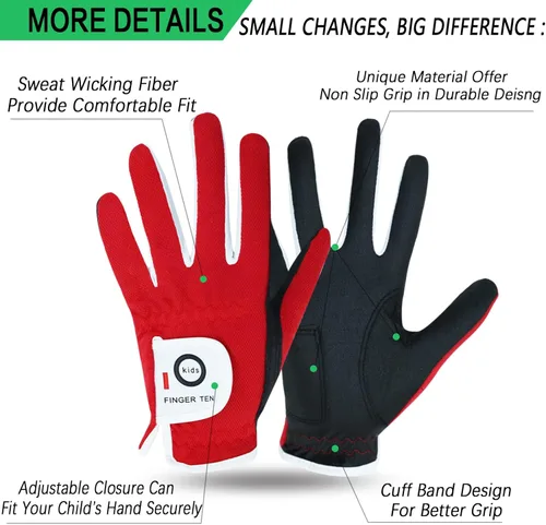 Miniatura 2 de FINGER TEN Guantes de golf para niños y niñas, mano izquierda y derecha, Dura Feel blanco, azul, rojo, amarillo, guantes de golf de valor extra