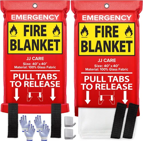 JJ CARE Manta contra incendios – 2 paquetes con ganchos y guantes – Manta de emergencia contra incendios para el hogar y la cocina, mantas de