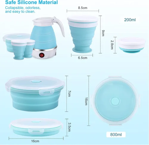 Miniatura 4 de Hervidor Eléctrico Portátil de Tamaño de Viaje, 600ML Pequeño Plegable para Té y Café con Tazón y Tazas Colapsables, 5 Minutos de Agua en Ebullición
