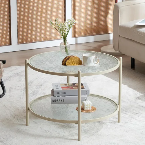 Miniatura 17 de VINGLI Mesa de Centro de Cristal, Mesa de Centro Redonda de 25.6" Dorado Champán para Sala de Estar, Mesa de Centro de Cristal de 2 Niveles con Oro