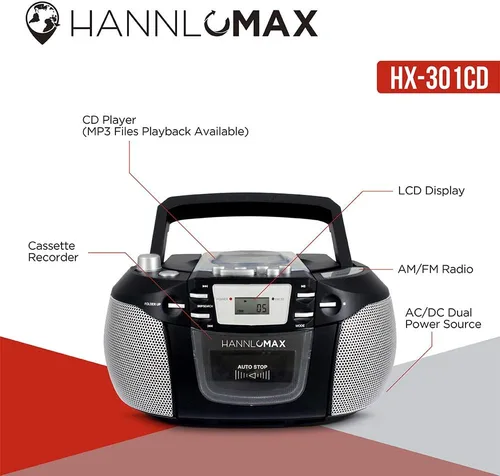 Miniatura 3 de HANNLOMAX HX-301CD CD/MP3 Boombox, radio AM/FM, grabadora de cassette, grabaciones de CD o radio, conector para auriculares, pantalla LCD, fuente