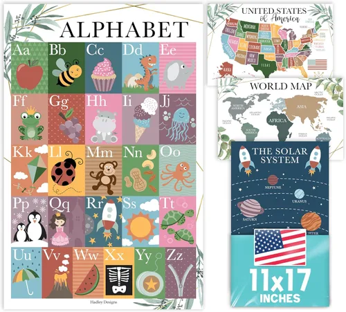 Miniatura 9 de Hadley Designs 4 carteles del alfabeto, mapa de Estados Unidos, mapa del mundo y sistema solar, gráficos ABC laminados para decoración de pared