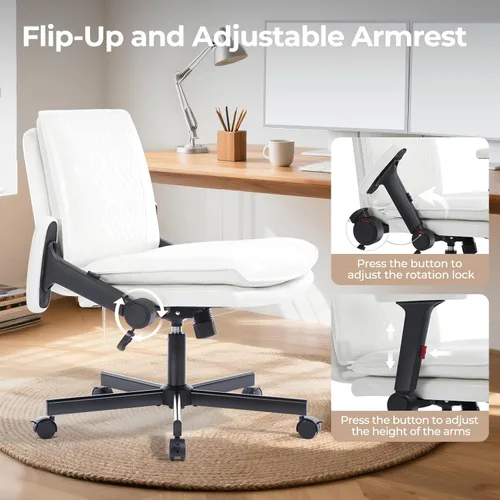 Miniatura 3 de Silla Criss Cross con brazos abatibles y ruedas con bloqueo, silla de escritorio de oficina de cuero con patas cruzadas, silla de computadora Blanco