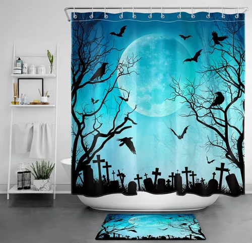 Miniatura 17 de Cortina de ducha de Halloween, cuervo negro, murciélago y árbol muerto en un bosque brumoso espeluznante con ganchos, cortina de baño de noche