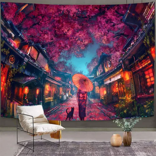 Miniatura 9 de Aidatain Tapiz de anime japonés antiguo japonés de paisaje de calle nocturna, tapiz de farol de flor de cerezo, tapiz grande de 80 x 60 pulgadas