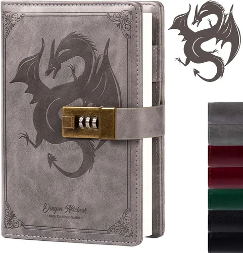 Miniatura 17 de TIEFOSSI Diario de Cuero Dragón, Cuaderno de Tapa Dura, Diario Recargable con Cerradura, Cuadernos de Escritura con Papel Rayado/En Blanco
