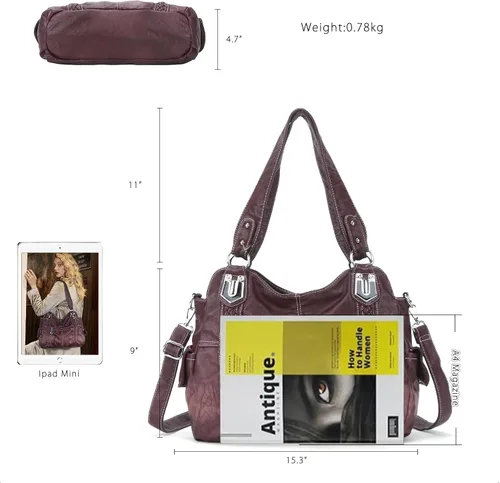 Miniatura 36 de Angel Barcelo - Bolsa de hombro amplia para mujer, diseño Hobo, cuero lavado
