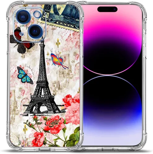 Miniatura 17 de Funda para iPhone 15, colorida mariposa flores protección contra caídas a prueba de golpes TPU cuerpo completo protector resistente a los arañazos
