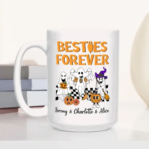 Miniatura 4 de Taza de café blanca personalizada de Halloween Besties, Besties Forever y 3 tazas de café Boo de 11 onzas y 15 onzas, bonita taza de cerámica Boo
